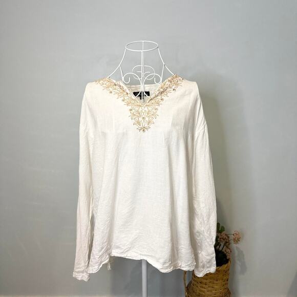 Cute vintage white flowy embroidered peasant blouse long sleeve linen top - Picture 1 of 6